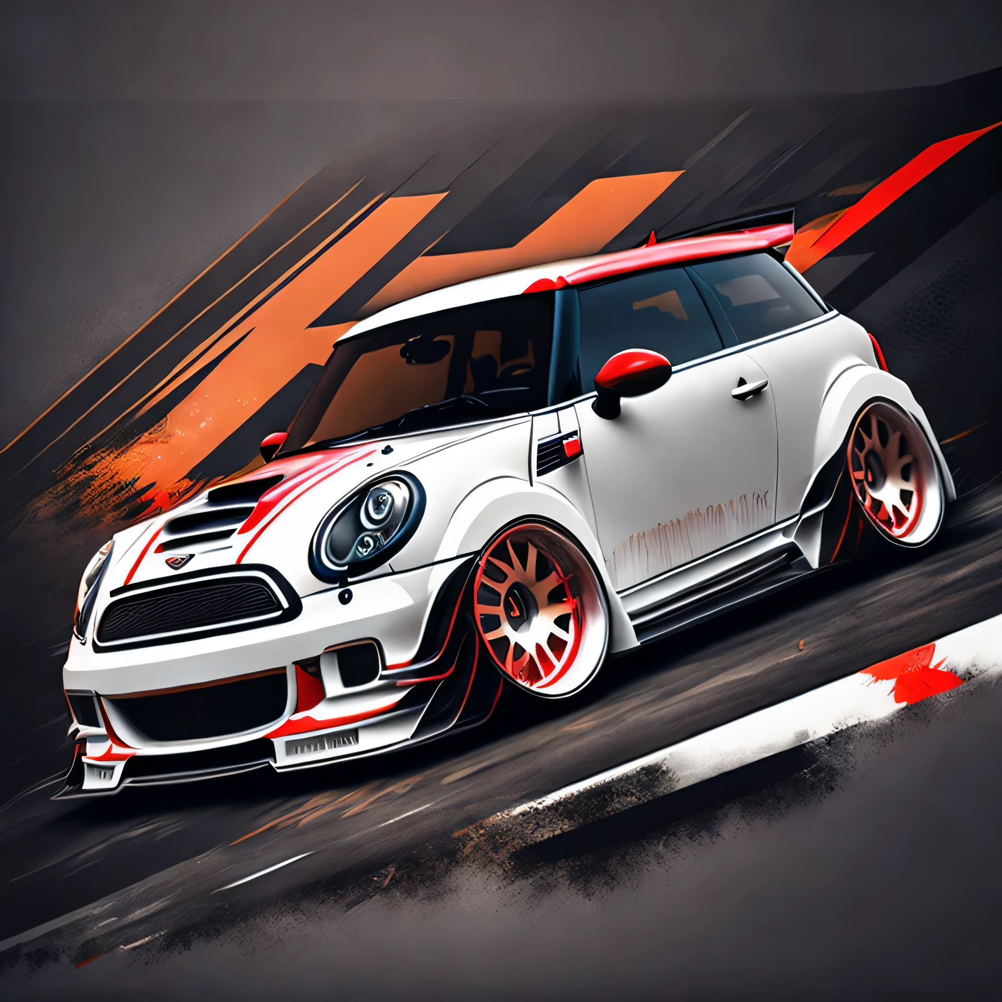 Zephyr Designz splash style Artwork for t-shirt graphic design front profile shot r53 Mini Cooper S white and red colour scheme, Zephyr Designz carbon fibre body kit design, Liberty walk ultra wide body kit, aggressive stance background: racetrack, outside old industrial style building, large windows in background, bright sky, heavy industrial look, 8K quality, realistic, realism, sharp, detailed, ultrawide, ,epic ultra wide body kit, super low stance, aggressive looks , vector image