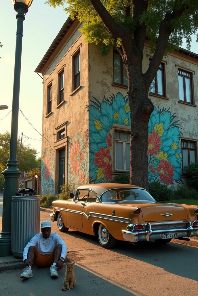 An old and big building by a quiet street with a colourful and bright colours of a mural, focus the image from in front and from a distance, add some of things such as tree, lamp street, aluminium big dustbin, cat walking, old car park at the side of the road, a man wearing cap with white shirt and baggy short pant hip-hop style sit on the ground at the side of the building. Sunset lighting, Highly-detailed, ultra-sharp, surrealism.