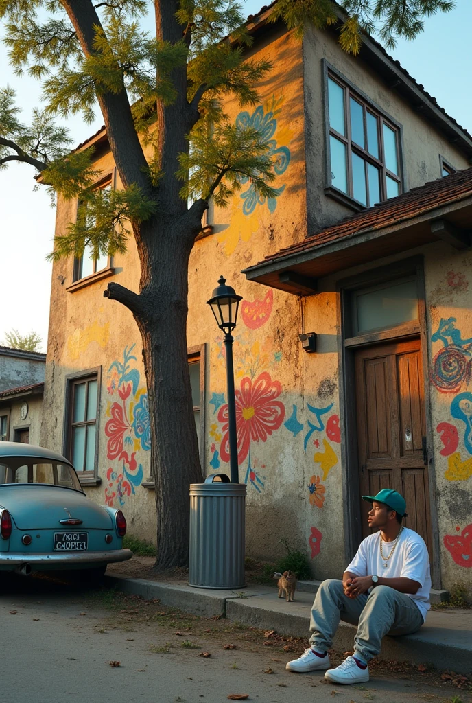 An old and big building by a quiet street with a colourful and bright colours of a mural, focus the image from in front and from a distance, add some of things such as tree, lamp street, aluminium big dustbin, cat walking, old car park at the side of the road, a man wearing cap with white shirt and baggy short pant hip-hop style sit on the ground at the side of the building. Sunset lighting, Highly-detailed, ultra-sharp, surrealism. 