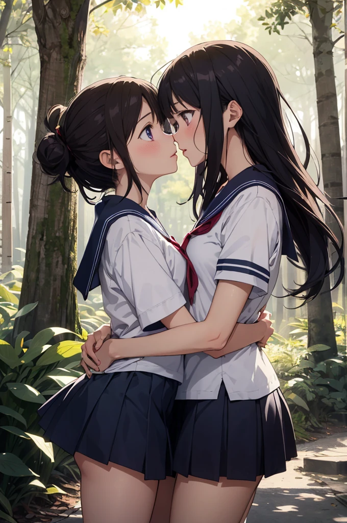(single image:1.5), Anime couple in school uniform, anime style 4 K, anime wallpaper 4 K, anime wallpaper 8 K, 4K anime wallpaper, anime art wallpaper 4 K, anime art wallpaper 4K, 4K manga wallpaper, Gwaitz, Los Tran and Makoto Shinkai style artwork, female and female couples hugging each other, (kiss:1.5), (school uniform:1.2), Capture the moment of exchanging kisses. The scene is depicted in an anime-inspired style, meticulously drawn in every detail and presented in 16k high resolution. The lighting is fantastic, with the sun softly illuminating the couple. The colors take advantage of the contrast between the vivid colors of the school uniform, lying on the grass, in a park. For compositions, use a medium telephoto lens and make sure the couple is centered on the screen., at noon,