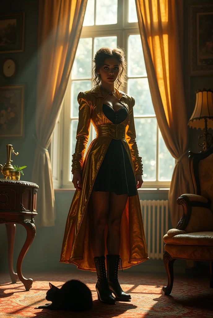 A whimsical Victorian gothic steampunk maiden, adorned in a golden jacket, captured in a low-angle shot. Surreal lighting casts enchanting shadows, enhancing her cute yet mysterious aura, inside room, .cute sexy witch, , black cat, twinkling night sky 3D isometric effect ultra-detailed intricate insanely full HD, golden ratio, volumetric modeling, spotlight embroidery, accents, ethereal, dreamy, heavenly, otherworldly, dream-like, breathtaking surreal masterpiece