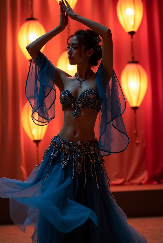 A Japanese belly dancer performs, her hands raised, hips swaying, dressed in blue.