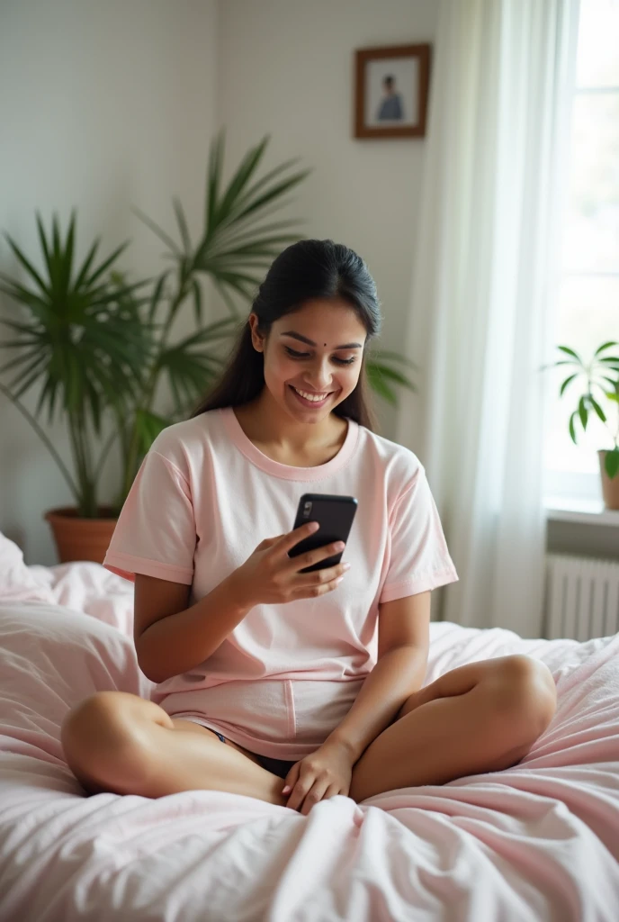 Same indian female age 28, in her house,in her bedroom, wearing night tshirt ,clean background,sitting on bed , looking at her mobile,mobile in hand, happy and excited
