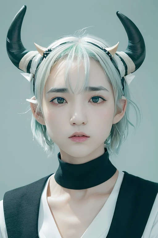 (((masterpeace))), ((photo realistic:1.55)), (Japanese Girl),((young girl)), (broad jawline:1.5), puffy face, ((Very pale blue-green hair)), ((Very pale silver hair)), (((messy hair))), (Short Bob Cut),(((Black and white))), (Has horns:1.5), whole body,((realistic skin)), no makeup, Sailor suit, Frowning