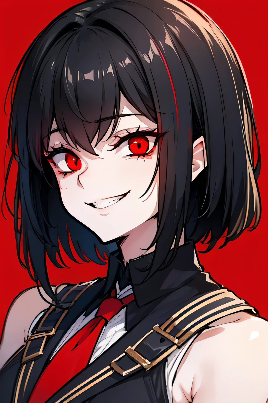 Create a 25-year-old vampire with black hair, with a smiling face and red eyes