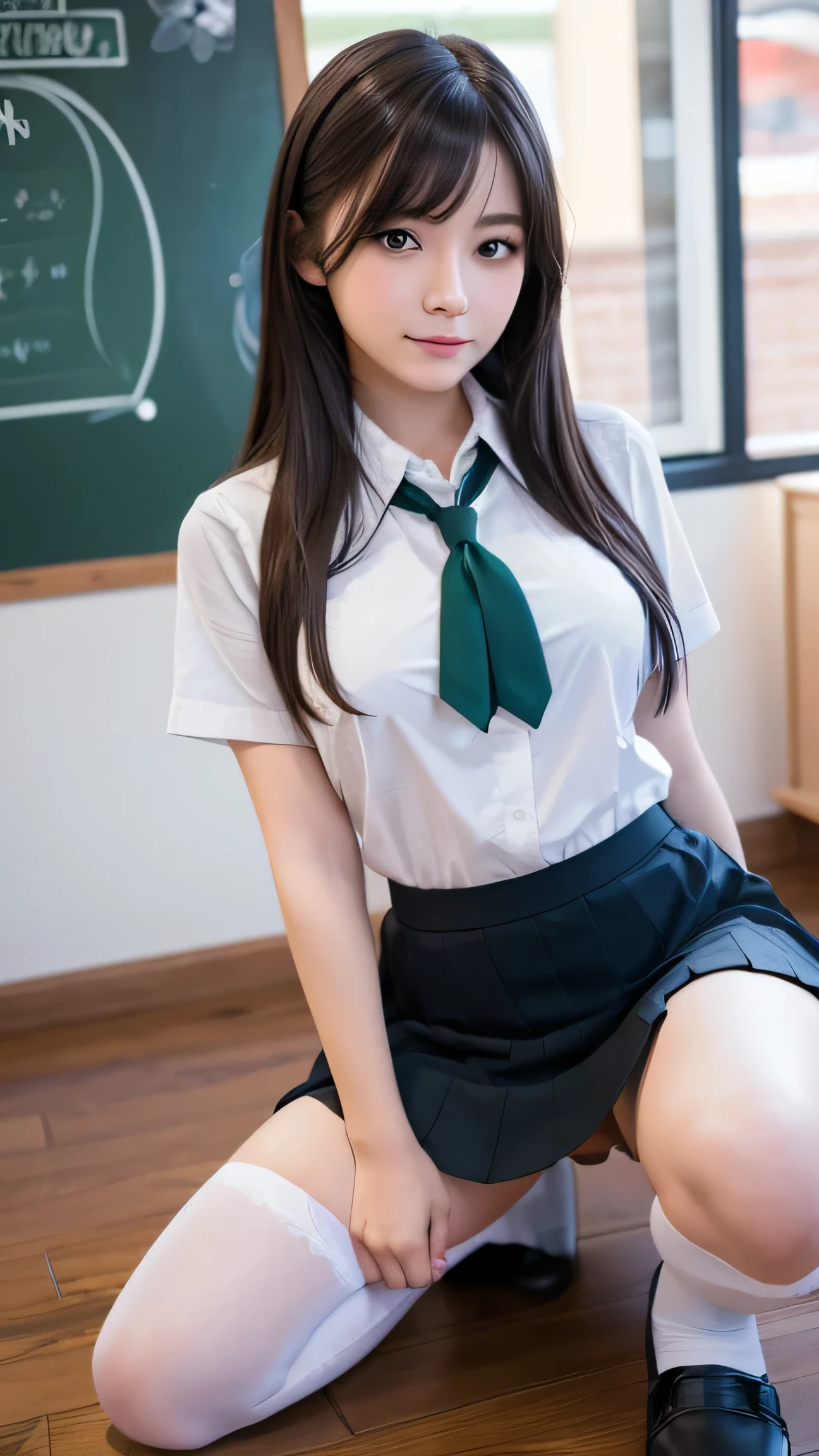 (Ultra-realistic), (figure), (High resolution), (8k), (Very detailed), (Best figure), (Beautiful and detailed), (Highest quality), (Super detailed), (masterpiece), (wallpaper), (Detailed face), alone, One Girl, watching viewer, Cafe staff、(High resolution),(High resolution),(High resolution),(8k), One girl, Yoshizuki_Iori、School_uniform_purple_shirt_green_skirt_white_neckerchief_black_Knee socks、In a high school classroom, Lying on the floor, Spread your legs, shirts lift, Show off your breasts, Spread your legs, squat, White T-back panty),