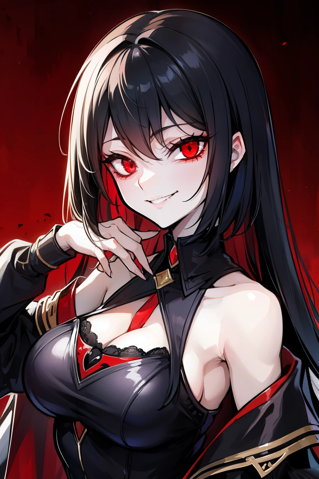 Create a 25-year-old vampire with black hair, with a smiling face and red eyes
