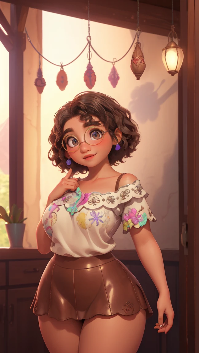 mirabel madrigal, Glasses, smile, ((babydoll)), market bottom, (((tiny thong))), (((Brown leather))), detailed skin, perfect legs, perfect thighs, (((Curvy body))), big breasts, inviting sex