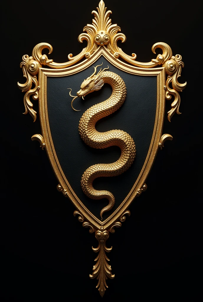 A golden coat of arms in the shape of a shield, the background is black and in the middle there is a golden snake