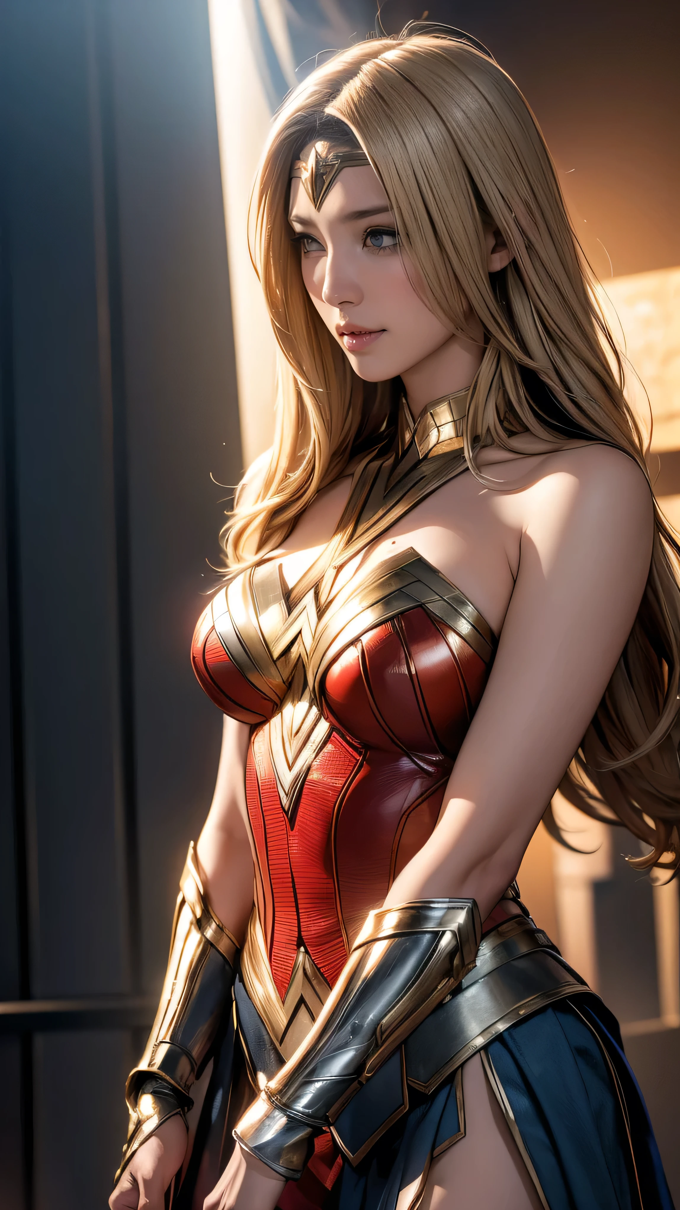 (Highest quality,4K,High resolution:1.2),Very detailed,(Realistic:1.37),Beautifully structured scenes,Dramatic lighting, Wonder Woman from a close-up shot in DC, Twisted space, twisted undead in the background,lens blur,Light Shaft, intricate and complex details, Volumetric lighting, 4K Rendering, Stock Photo, hyperRealistic texture, HDR lighting effects, Unreal Engine,SHY SMILE,Standing gracefully、Blonde long hair、Long hair that reaches down to the toes、Removing the bulletproof guard from the hand、Removing the bulletproof guard from the left hand with the right hand、Undressing、Removing the hand attachment、Take off only the upper body、Starts taking off costume、Embarrassed to take off