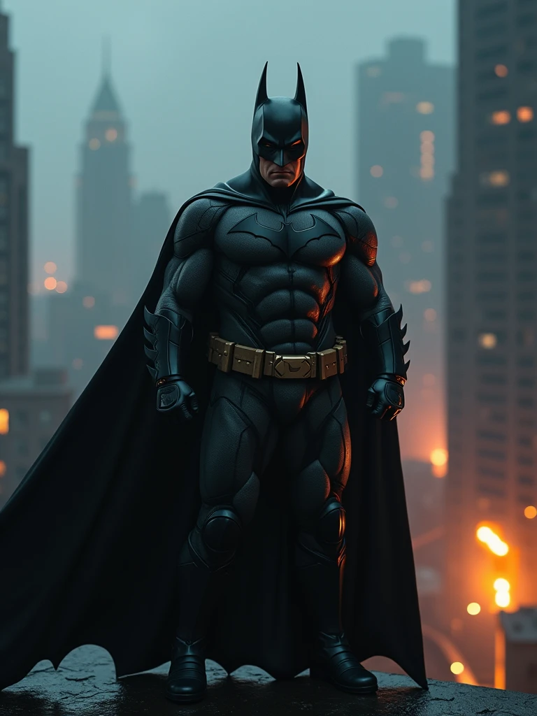 (masterpiece:1.2), (best quality:1.2), 8k, HDR, ultra detailed, ((photorealistic)), professional light, cinematic lighting, fashion photography, ambient lighting, background, Gotham City, Darkness, epiCPhoto, fire, Batman.