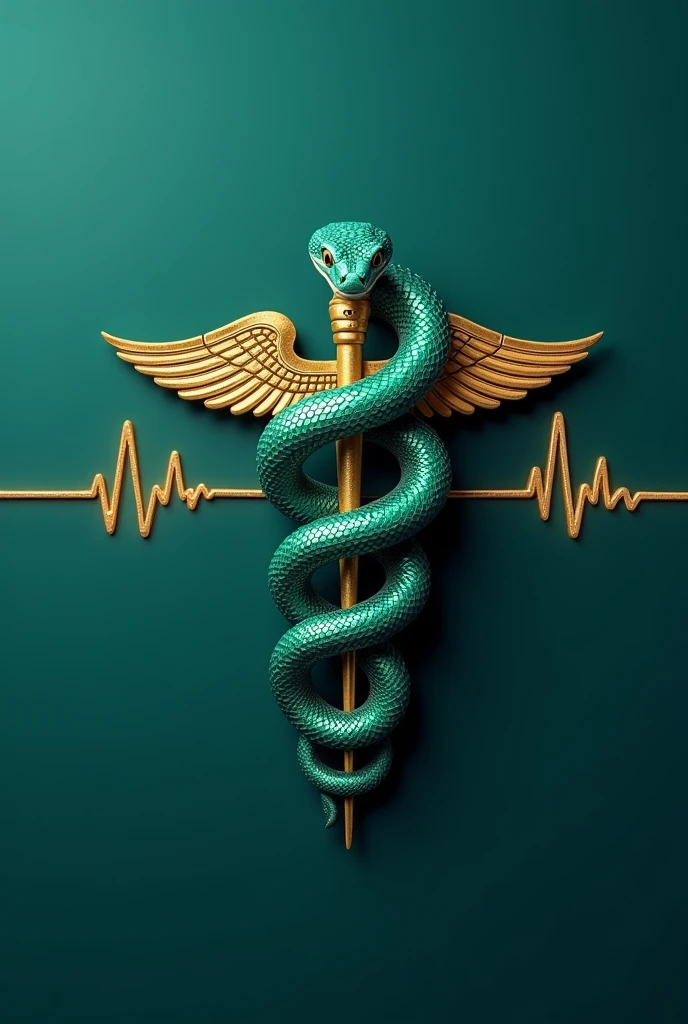 I want a medical snake with a teal background, featuring the medical caduceus and a logo design rather than just an image. It should have wings and be designed for the healthcare sector, suitable for computer screens. It needs to have an electrocardiogram crossing through it and be 1000 px high by 3000 px wide. The background should be a single, undiluted color, all the same shade - no lighter or darker areas. I want a solid color background.
