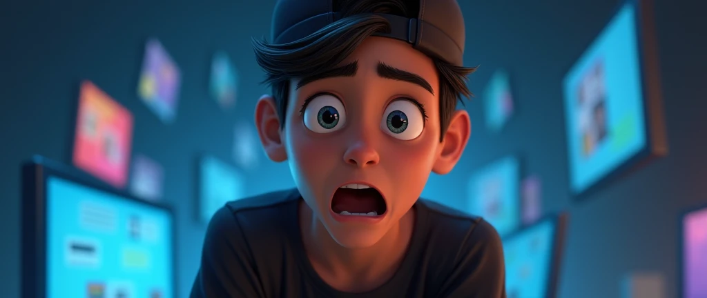 ( male character) from a young boy's animated movie in the Disney Pixar style, high qualiy, best qualityer , beautiful face brown skin, short straight hair , beautiful eyebrow , wears black shirt , wears a backwards cap, age boy, Facial expression, desperate, comedy screaming with fear , Time travel , magie , entering the computer screen, being sucked , teletransporte