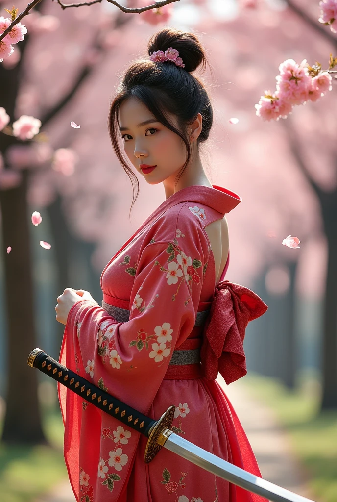 beautiful japanese woman with big breasts in revealing kimono and katana сад сакура