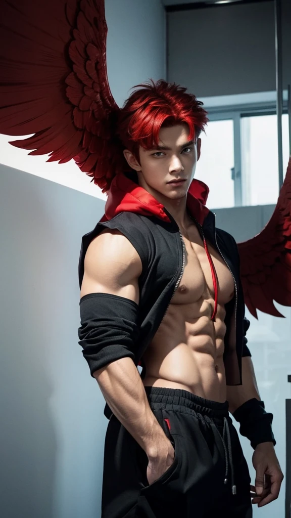 muscular man with red hair, wearing a black hood with red undershirt, gang pants, big red angel wings on his back with a sexy look on his face