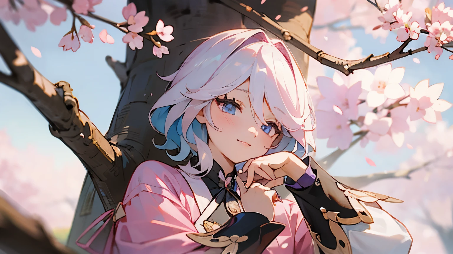 Pink cherry blossom tree,A girl in Hanfu sitting under a tree,Petals in hand,high resolution,High level of facial detail,Ultra-high detail
