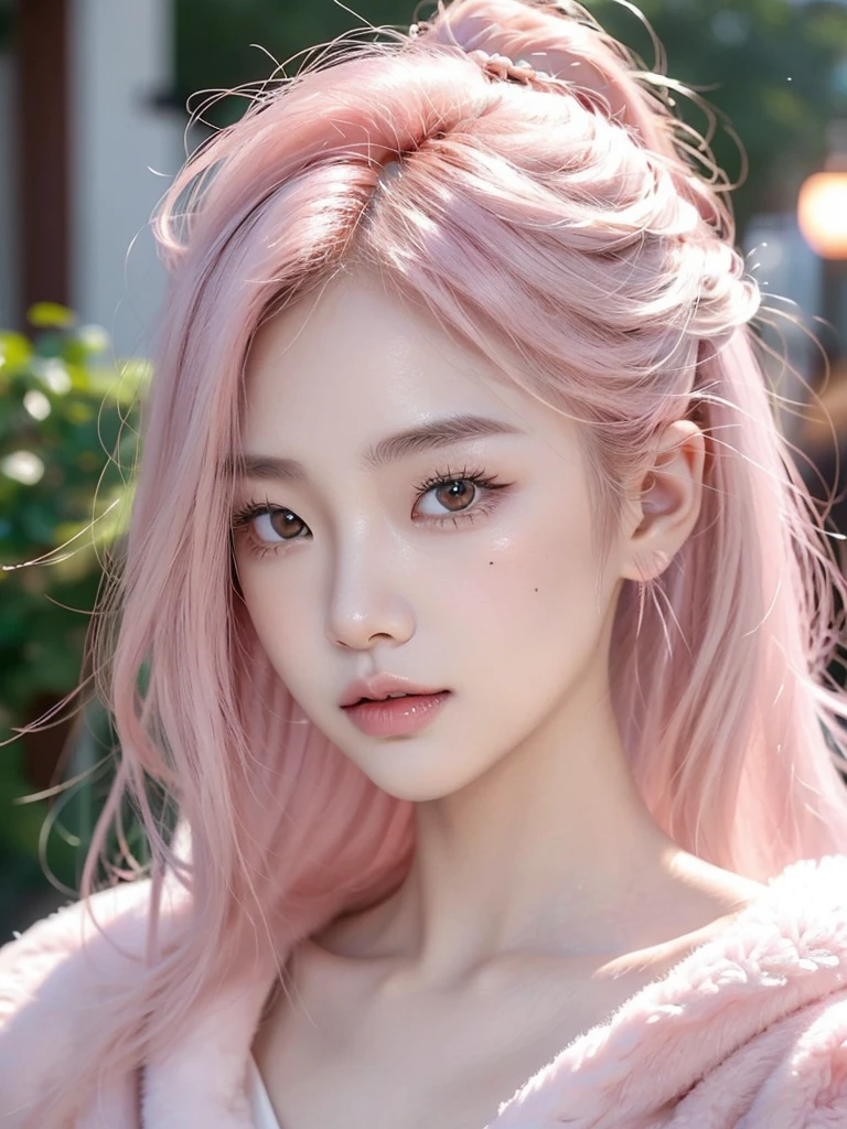 Young korean woman . Light pink hair and light eyebrows. Asian Light Skin Tone. Asian fox eyes. A sharp nose with a slight hump. Sharp facial features. Middle lips, lower lips larger than upper lips. Oval face shape. Mole on the nose. Face Rose (blackpink)