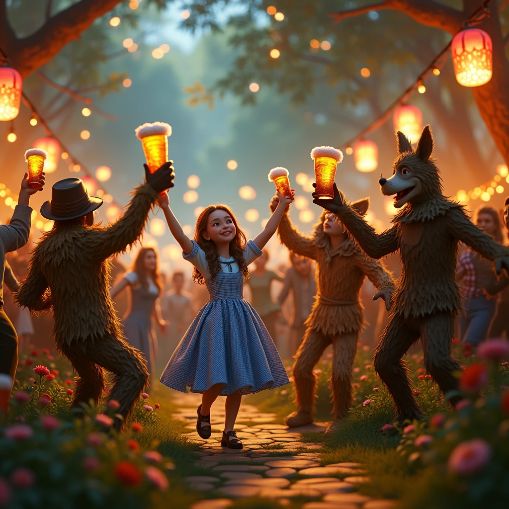 A captivating and fascinating ultra-detailed 3D image featuring a festive and joyful moment from the enchanted world of Oz.The iconic characters, Dorothy, Straw man , Leon, and Ojalata Man, are seen dancing ska with raised fists and beers in hand, celebrating a pagan festival. The background showcases a lively, colorful, and mystical atmosphere, with a blend of modern and traditional elements. The characters are beautifully rendered with intricate details, transporting the viewer into this immersive and spirited environment., portrait photography, illustration, 3d render