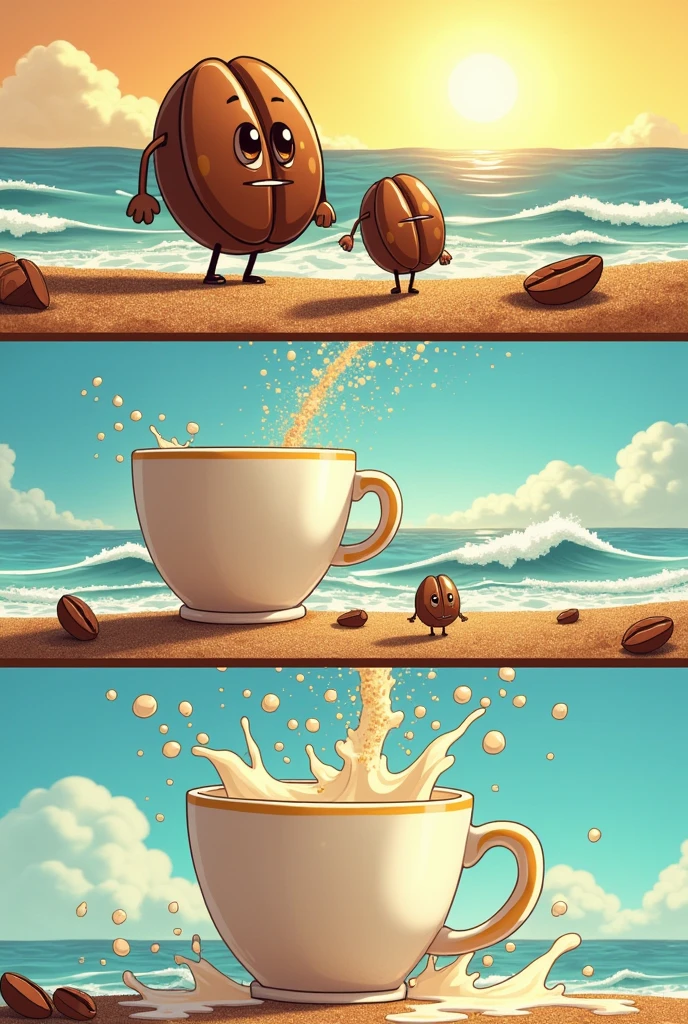 Make a 3 scene comic strip aboit solution. Where in the characters are food or the ingredients. Where in there are coffee beans, sugar, milk mix together to form coffee. This is for science project. It should show the sugar, milk and coffee being poured into the cup. The coffee beans and sugar must be preparing to jump on the cup on the second scene. The first scene must be the coffee beans and sugar grains are wearing swimming trunks. While the second scene, they are preparing to jump on the cup (serves as their pool)