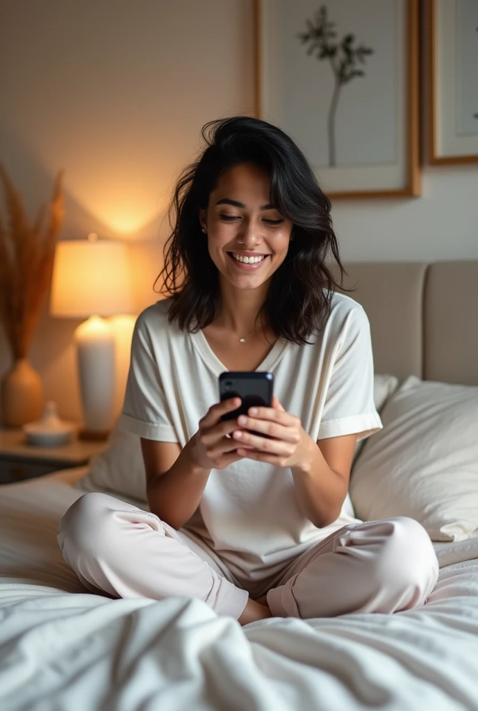 Same indian female age 28, in her house,in her bedroom, wearing night tshirt and pant,clean background,sitting on bed , looking at her mobile,mobile in hand, happy and excited
