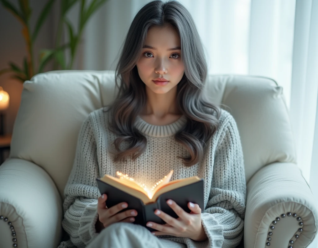 beautiful girl, dark gray hair below the shoulder, with bright, sparkling eyes, Shiny skin, Beautiful nails, pearl skin, in a light gray voluminous knitted sweater, Beautiful detailed fingers, professional photo, 4K, a high resolution, high detail, aesthetically pleasing, Beautiful, realistic, sits on a chair, looks straight, beautiful long nails, holding a magical glowing book in their hands, against the backdrop of a white living room.