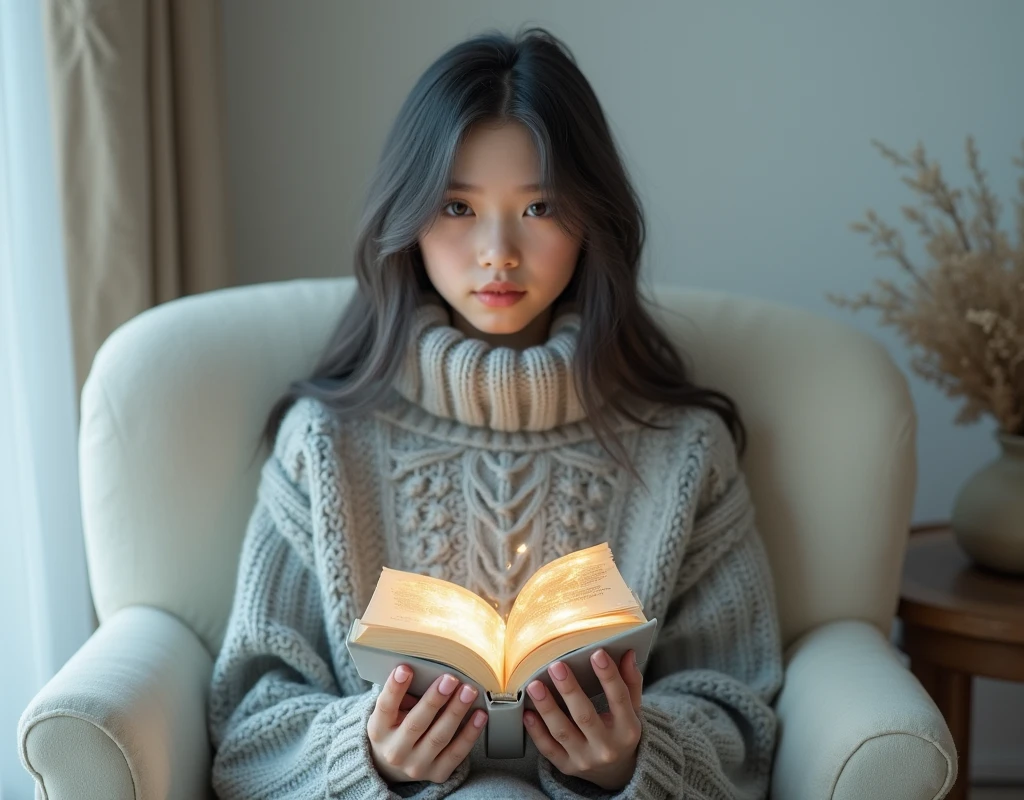 beautiful girl, dark gray hair below the shoulder, with bright, sparkling eyes, Shiny skin, Beautiful nails, pearl skin, in a light gray voluminous knitted sweater, Beautiful detailed fingers, professional photo, 4K, a high resolution, high detail, aesthetically pleasing, Beautiful, realistic, sits on a chair, looks straight, beautiful long nails, holding a magical glowing book in their hands, against the backdrop of a white living room.