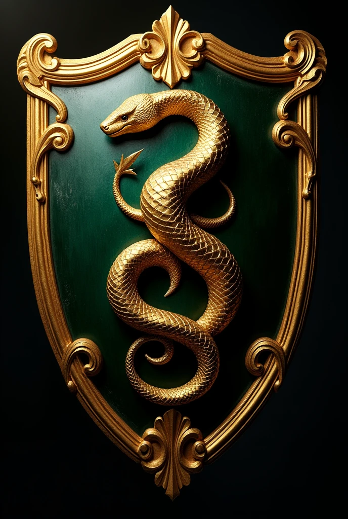 A golden coat of arms in the shape of a shield, the background is black and in the middle there is a golden snake