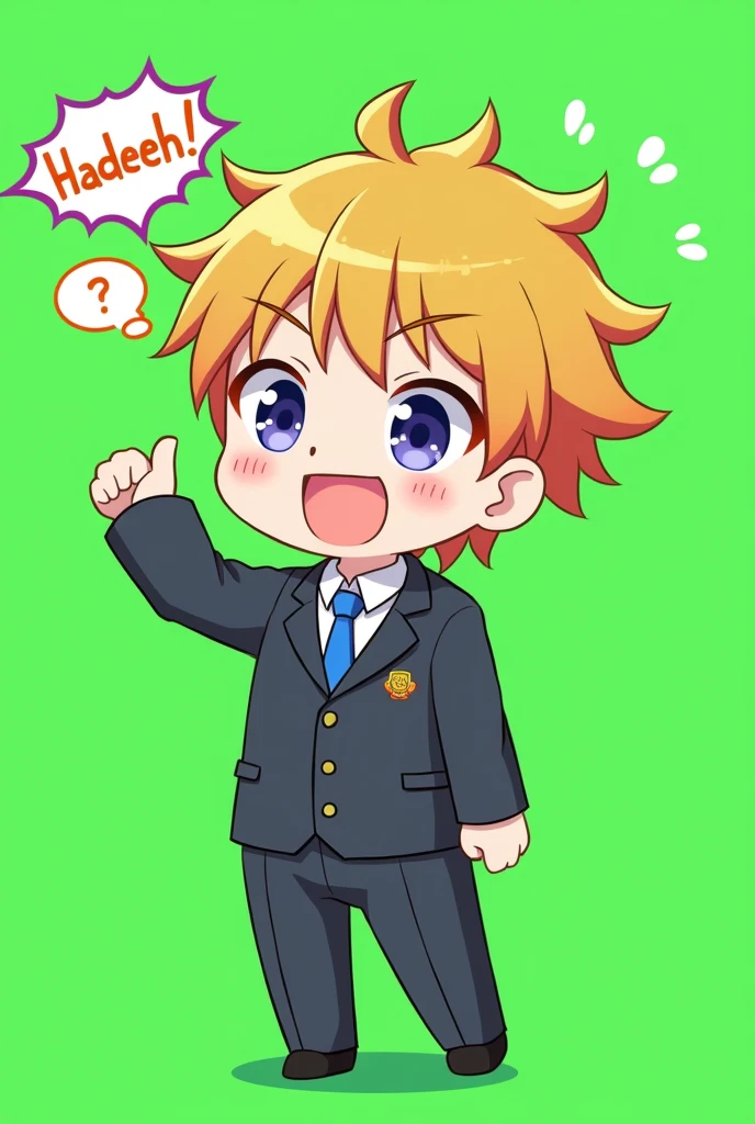 anime,Man,chibi,wearing a high school uniform,say hadeeh,green screen
