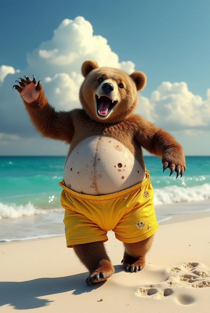 Grizzly bear deformed into an egg shape、Circle々Are fat、Full of wounds、Yellow boxer shorts、Dancing joyfully、A big cumulus cloud against a clear blue sky、White sand beach、Falling sun、the brightness of 2 PM and strong shadows、