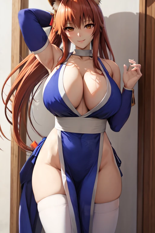 masterpiece, best quality, beautiful art, high resolution, well formed hands, body and fingers, 1 woman, solo, Tamamo No Mae, fox ears and fox tail, 31 years old, hair ornament,  adult, grown up, big breasted, cleavage,  full body, braided long hair, blue_japanese_clothes, wearing DOA Kasumi's blue kunoichi dress, sexy and skimpy japanese clothes, kimono peek, sleeveless, panties peek, white stockings, gorgeous legs and thighs, dancing seductively and erotically, turning backwards and forwards, shaking her body alluringly , sweating , bouncing breasts, smiling joyfully, looking at the viewer, flirting, beach environment 