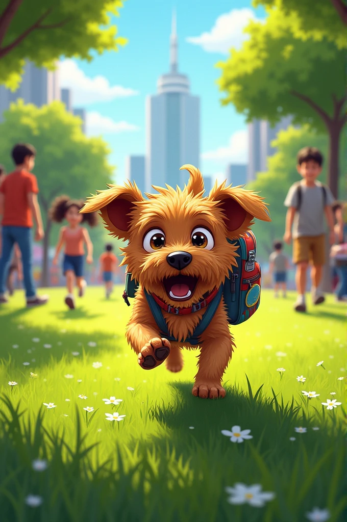 A dog with a bag on its back is running in fear of people