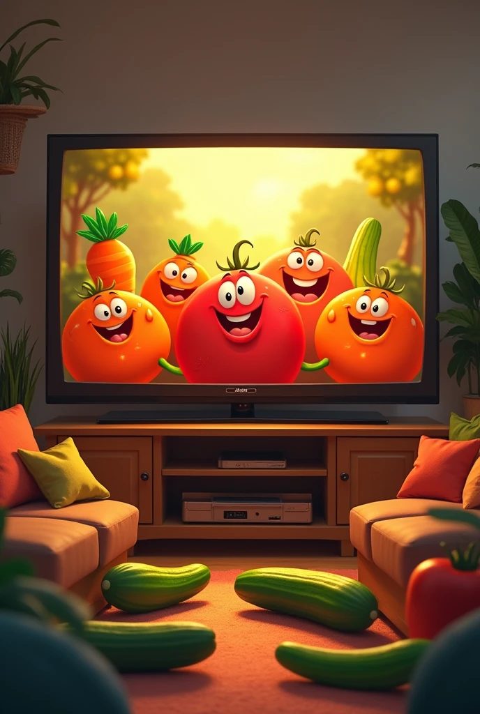 A large TV screen with Vegetables with eyes sitting near it