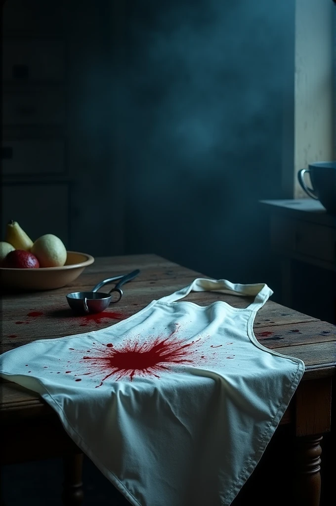 White apron coverd withhh blood dark dramatic background 