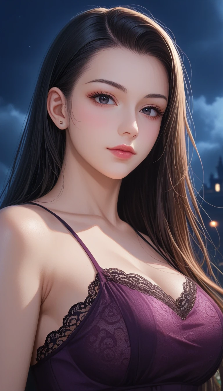 score_9, score_8_superior, score_7_superior, High-resolution CG illustration,A masterpiece in 32K resolution,Highest quality,it is really amazing,Very detailed,Ultra-high resolution,Ultra-realistic,Realistic,Increased depth of field,Cinematic lighting,
Sexy mature Japan woman,
Glossy black hair,Straight Long Hair,Showing his forehead,god々Beautiful,Ultra-detailed and beautiful face,Sensual look,Beautiful dark brown, moist eyes,Pitch black eyes,Glowing, moisturized skin,Translucent white skin,born々New skin texture,Great proportions,
Sexy summer resort slit dress,
Bold design,Detailed lace decoration,Pastel-toned chic color scheme,詳細なborn地の質感,
A dark and blurry night background,Dark overcast sky on a dull night,Dark clouds filling the sky,Thundercloud,Coastline at night,Stormy seas,delay々A desolate sandy beach that continues,
Cinematic,Low - Angle,