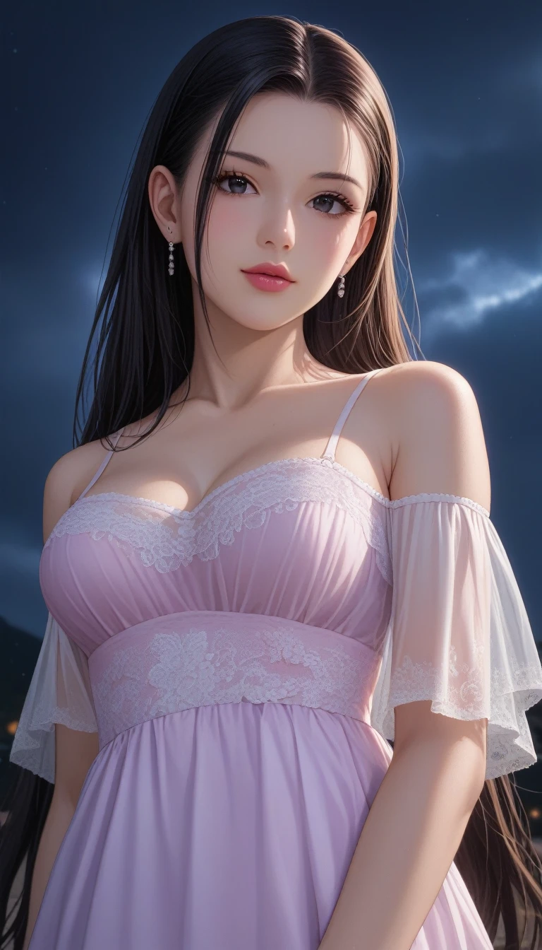 Loli anime girl wearing pink wet clothes, Realistic shadows, Detailed skin, Very small breasts, Black hair, Hair ribbon, Very detailed, 8K highly detailed face, Perfect face shape, Perfect lips, Perfect nose, Correct beautiful eyes, Watching Viewer, Masterpiece, Best quality, Single girl, No bra, , Solo