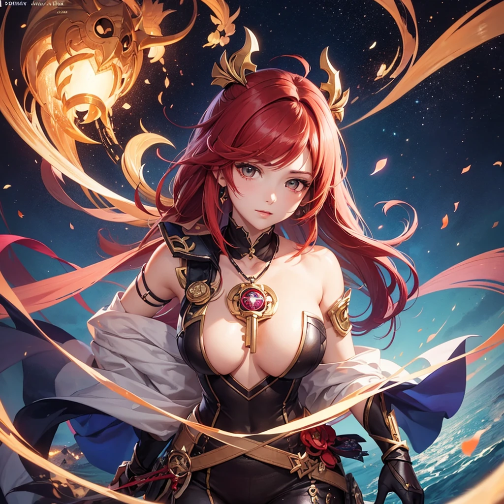 woman with long red hair and armor, ayaka genshin impact, ayaka game genshin impact, zodiac knight girl portrait, female protagonist, Kushard Krenz key art feminine, valentine shuffle, genshin impact character, Genshin, That's Right, Artgerm and Ati Gairan, Portrait Knight Female,(full body)