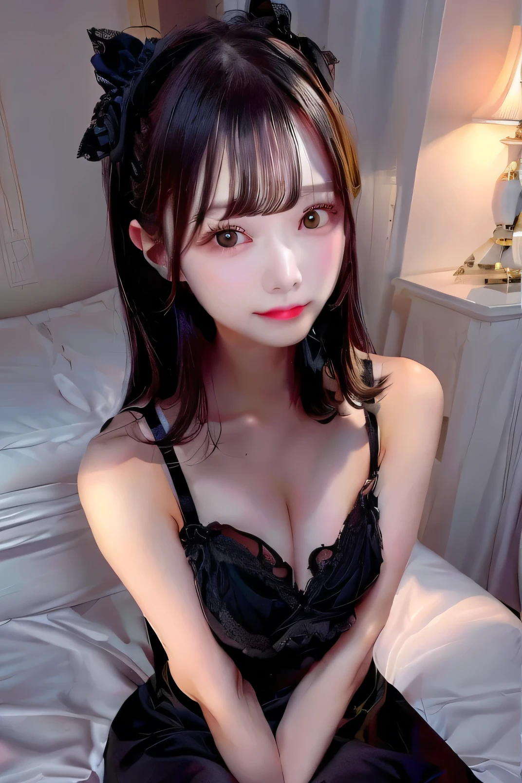 Wearing a black dress。