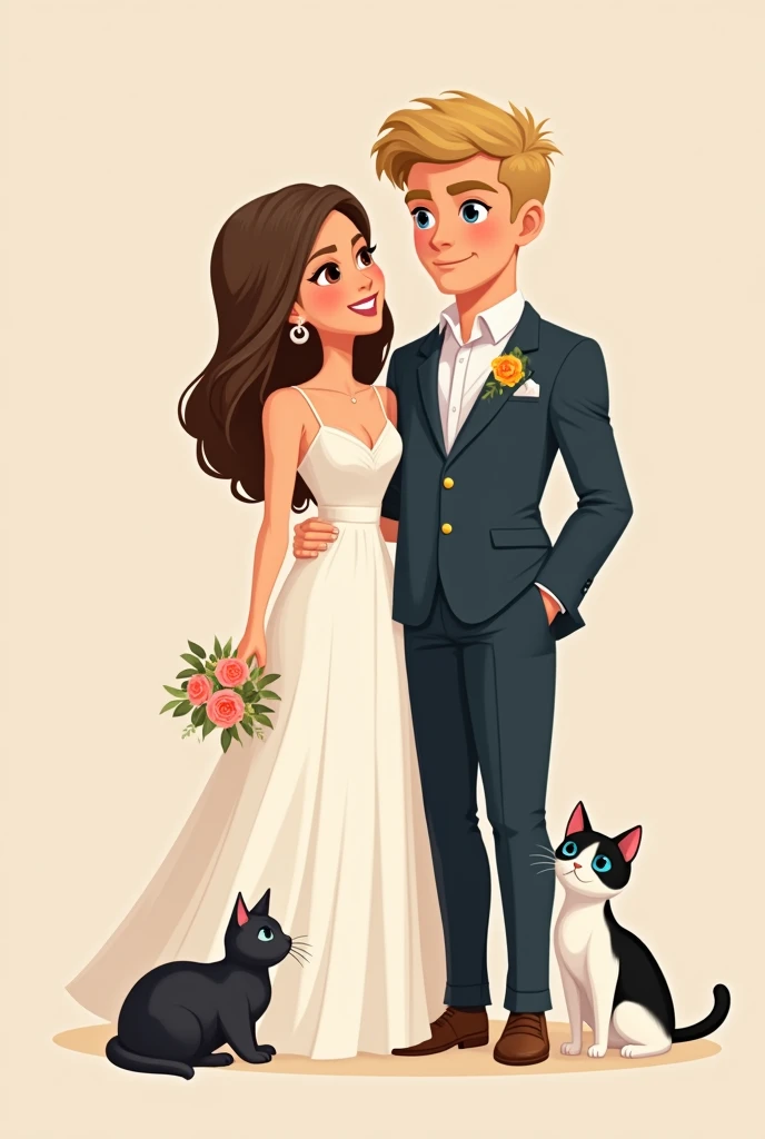 A simple and elegant illustration of a chic and minimalist wedding invitation. The design showcases Birsu Sun, a radiant bride with sleek, wavy brown hair and captivating dark-brown eyes, and Erkan Eren, a dashing groom with voluminous, wavy blonde hair and mesmerizing blue eyes. Their elegance is further accentuated by their refined attire. The couple's two cherished cats, Ponyo, a noble, short haired black female, and Roku, a charming black and white male with a curious expression, grace the corner of the invitation, adding an enchanting touch of whimsy and endearing charm.