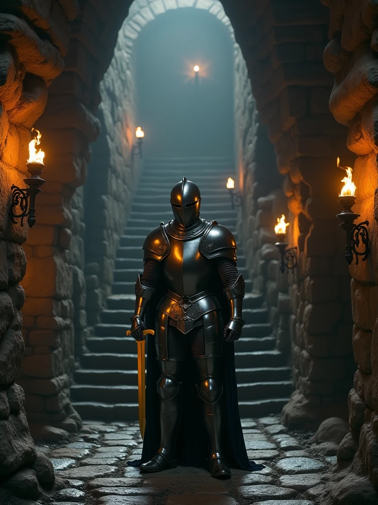 (masterpiece:1.2), (best quality:1.2), 8k, HDR, ultra detailed, ((photorealistic)), professional light, cinematic lighting, fashion photography, ambient lighting, background, a dark medieval dungeon, Darkness, epiCPhoto, fire, stairs, A knight in full plated metal armor, holding a golden dagger in both hands.