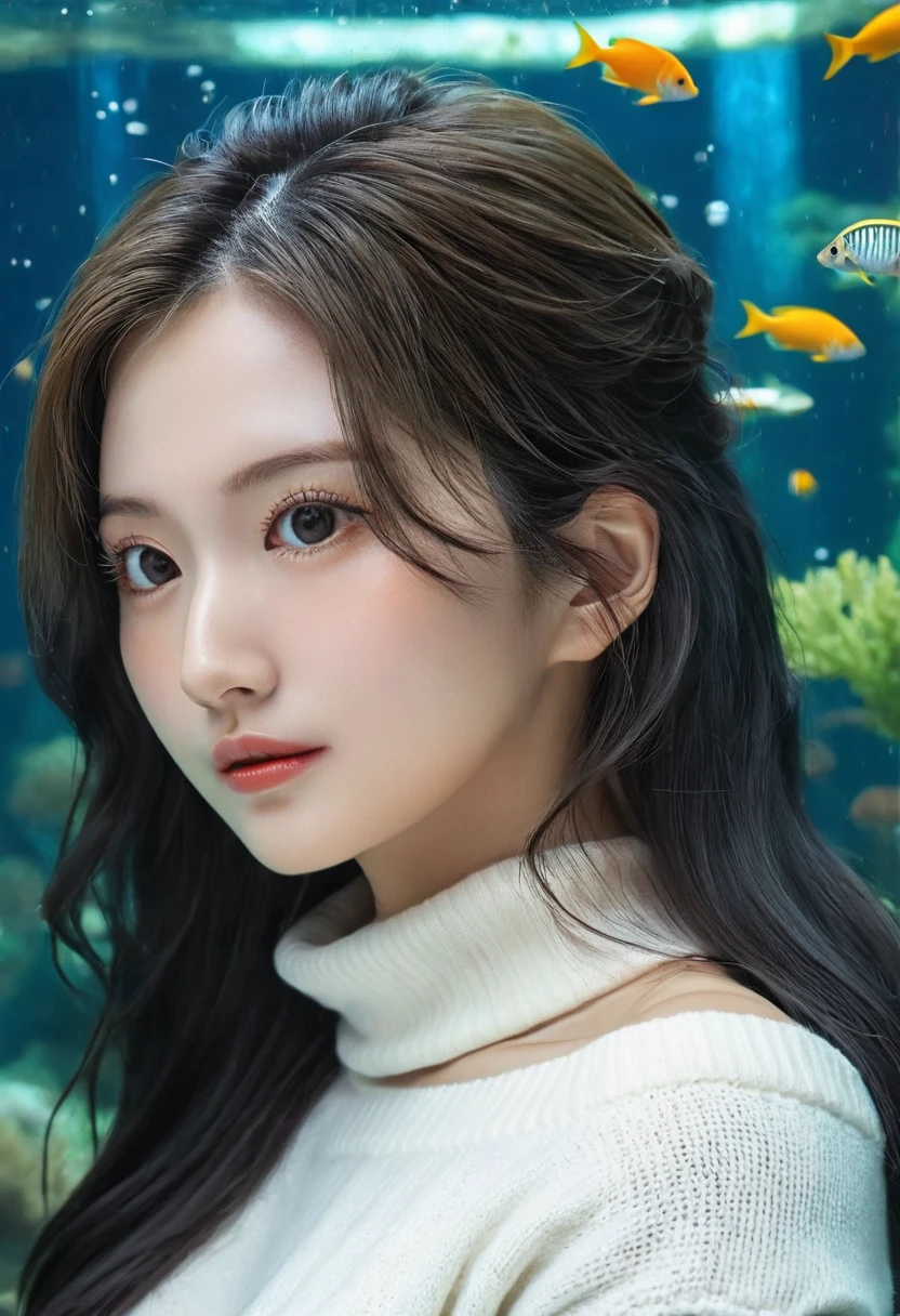 (Highest quality, High quality photo, Photorealistic, Full Shot::1.5, 8k, 32k, HIMESANA)a beautiful woman with black buz cut wearing a white off-shoulder sweater and jeans, huge aquarium background, Looding at a Big fih inside aquarium her face with intricate skin details, ultra-detailed,