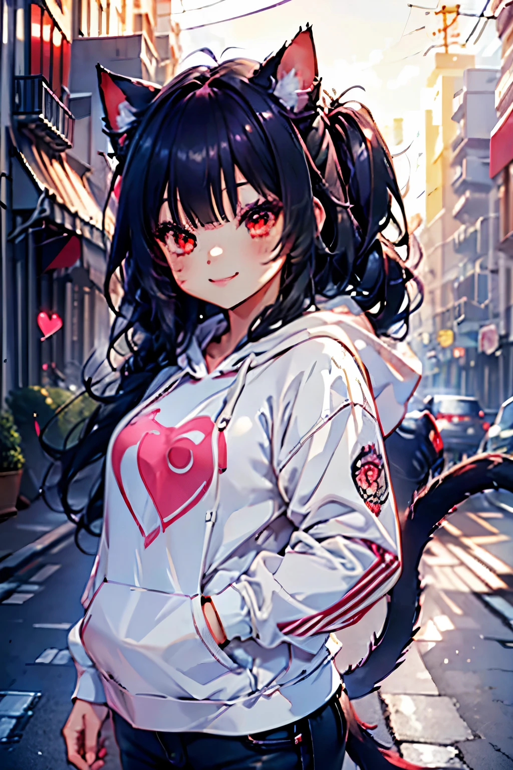 junkotvv wearing a casual light grey hoodie,short jeans, beautiful detailed red eyes, smiling face, cat ears, longeyelashes, her tails forming a heart shape behind her, standing on a sidewalk, sun shining, vivid colors, photo-realistic, portraits, medium:illustration. (best quality,ultra-detailed,HDR,colorful vivid appearance,studio lighting)