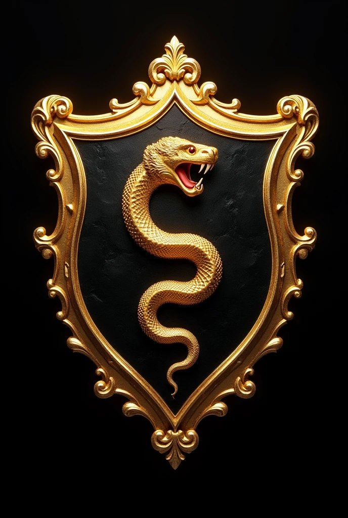 A golden coat of arms in the shape of a shield, the background is black and in the middle there is a golden snake