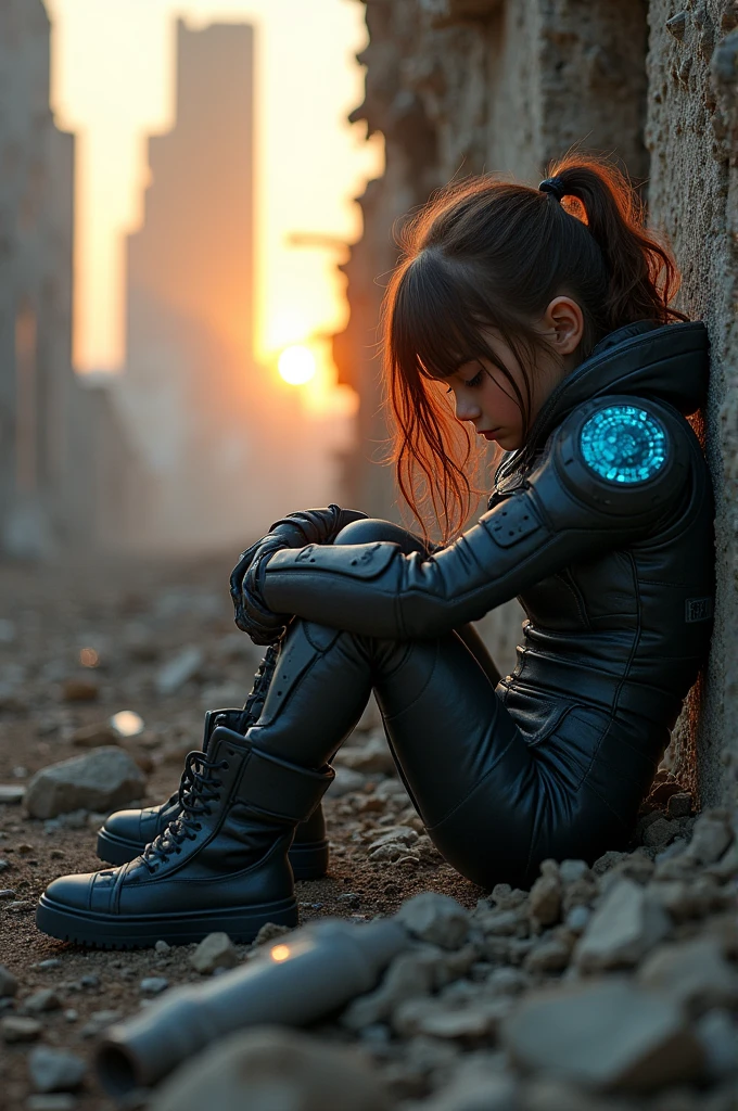 Girl in a tech combat suit, ruined city, sitting, exhausted