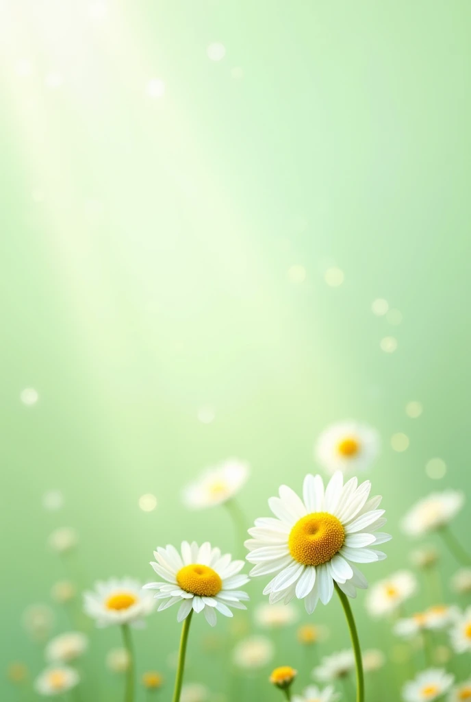 The picture features a light green background adorned with tiny daisy flowers scattered across it. The soft, pastel backdrop enhances the delicate charm of the small, white blossoms with their cheerful yellow centers, creating a fresh and inviting visual effect.