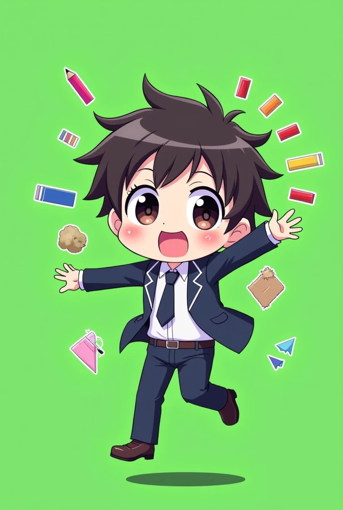 anime,Man,chibi,wearing a high school uniform,feel excited,green screen
