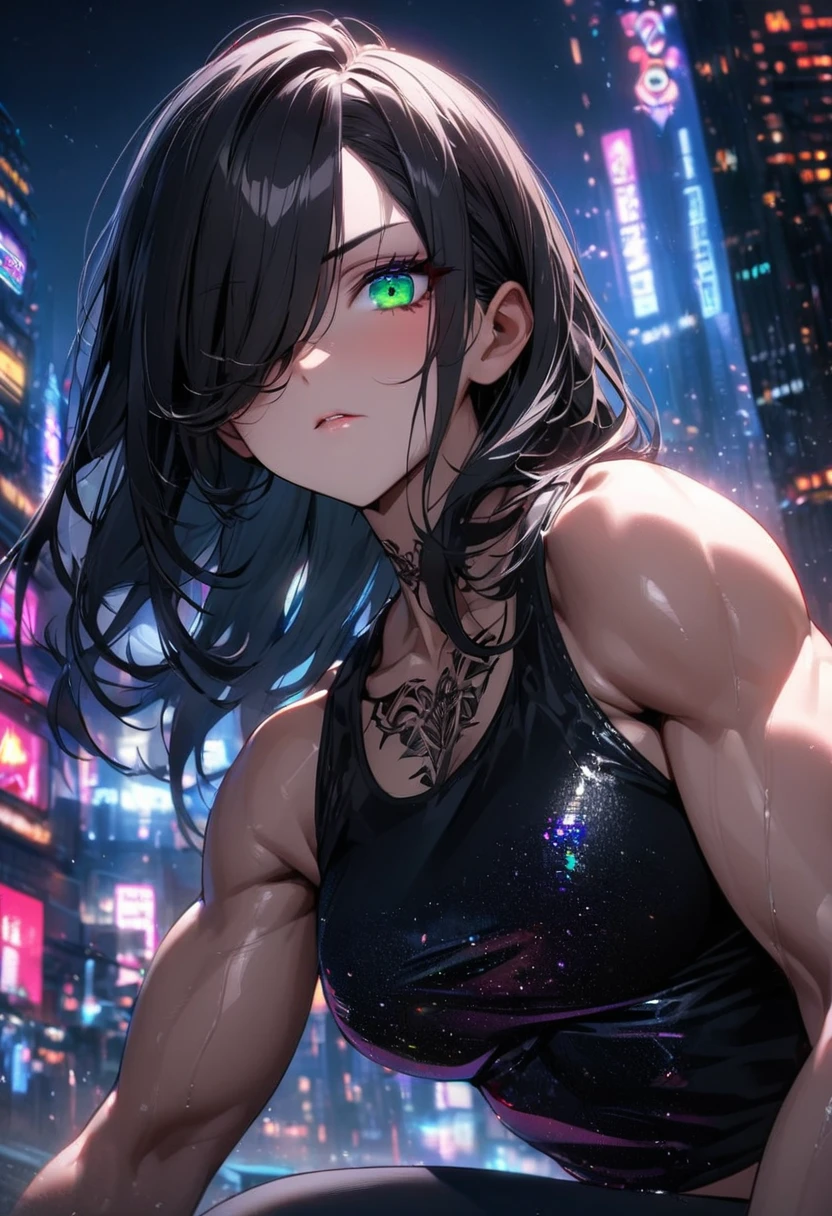 1girl,solo,detailed close up on black skinny jeans,detailed close up on bedazzling emerald eye looking at you,serious eye,intense gaze,magnificent long black hair covering one eye,black neon city,tight black tank top,detailed close up on black skinny jeans,muscular arms,biceps,goth tattoo,cinematic glitter,nighttime,extremely detailed,masterpiece,HDR,4K,best quality,trending on danbooru