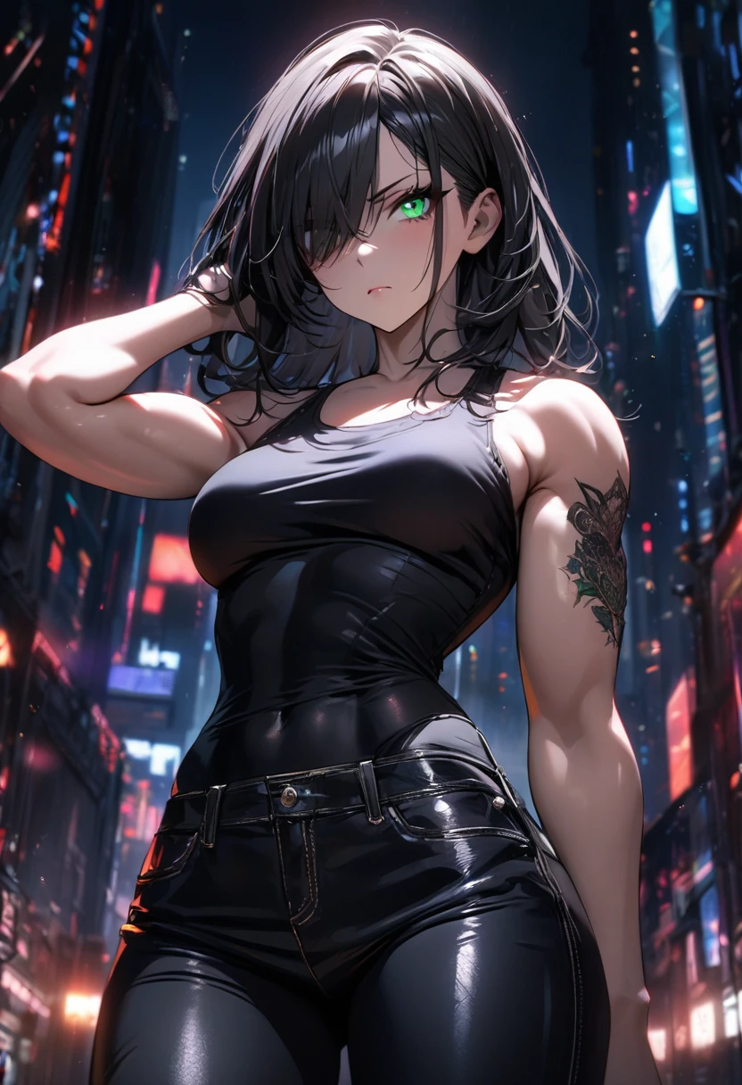 1girl,solo,detailed close up on black skinny jeans,detailed close up on bedazzling emerald eye looking at you,serious eye,intense gaze,magnificent long black hair covering one eye,black neon city,tight black tank top,detailed close up on black skinny jeans,muscular arms,biceps,goth tattoo,cinematic glitter,nighttime,extremely detailed,masterpiece,HDR,4K,best quality,trending on danbooru