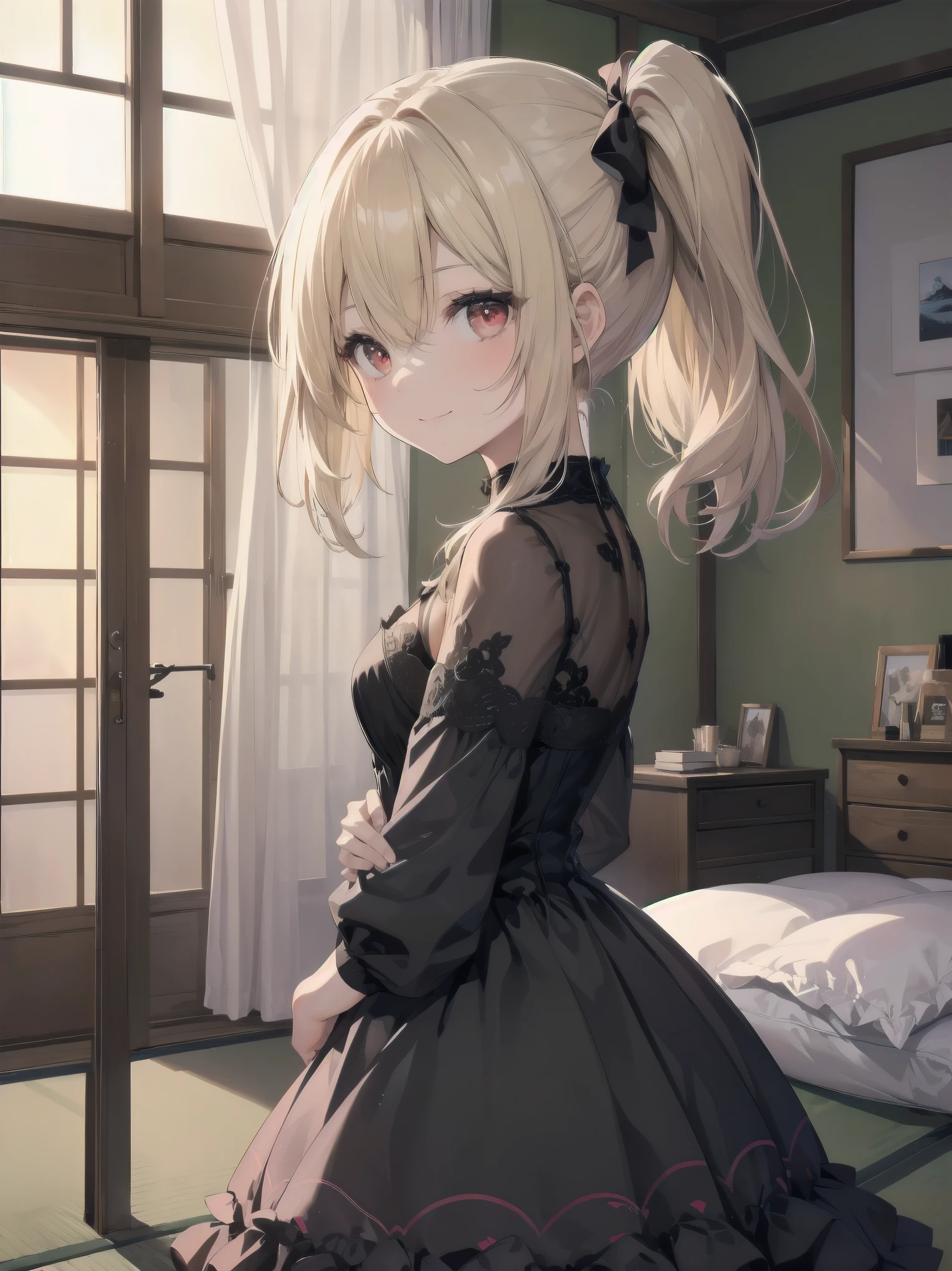 Girl in cute pose, (Masterpiece: 1.3), (Best Quality: 1.2), close-up of one beautiful girl, super hyper-detailed illustration,
BREAK
(Body type: girl, small breasts, slender,) charisma by nature,
BREAK
(Face: outstanding looks, mature beauty, ruby red eyes,)
BREAK
(Hairstyle: ponytail, long hair that ends around her chest, layers around her face, not much in the rest of her face. The rest of the hair is not so layered, giving the impression of a heavy haircut. The hair is smooth and straight, and the bangs are long enough to cover the eyes. They are parted and down so that the forehead is slightly visible. The key point is that both ends of the bangs are slightly cut to a length around the cheekbones. Blonde hair. (Lighter hair color than so-called brown or brown hair, half-up hair style tied on one side, left side half bunches or side ponytail),
BREAK
Less revealing dresses, plaid printed splicing dresses, vintage long-sleeved bodycon dresses,
BREAK
Bending forward, arms crossed behind the back, smiling, silky hair
BREAK
Background: warm room with wood grain and green, 7 tatami 1K natural interior, cosmetic table, bed, futon, cushion, chair, accessories, curtains, cute girlish room