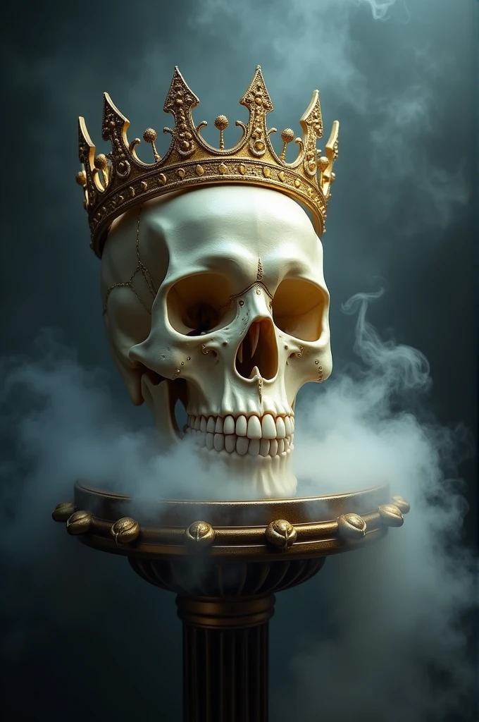 photograph of a ivory crown shaped skull, dark background, fog, smoky, dramatic lighting, misterious pedestal, gold accent