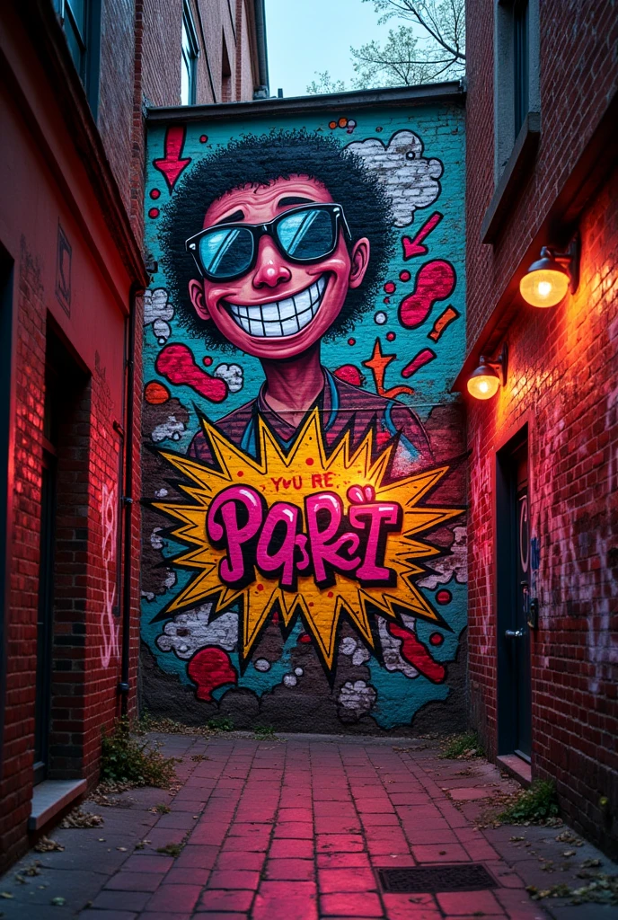 A pop art graffiti drawn on the wall of an alleyway、Street Art、8k